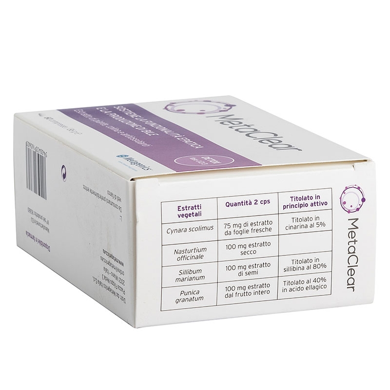 immagine della confezione Integratore MetaClear 60 compresse di Metagenics, vista del particolare degli ingredienti e valori nut immagine della confezione Integratore MetaClear 60 compresse di Metagenics, vista del particolare degli ingredienti e valori nut